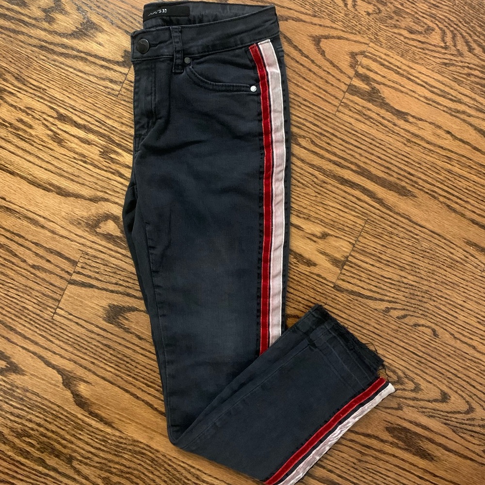 “Joe’s Jeans” black Jeans with red and pink stripes